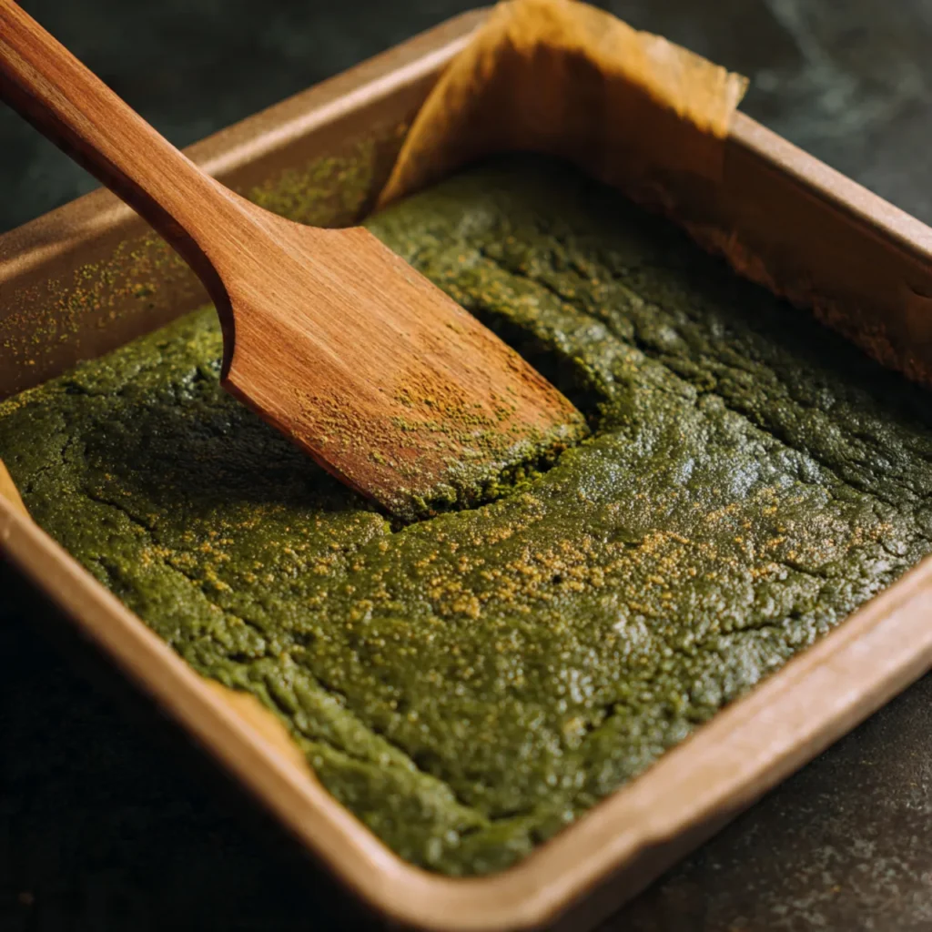 Baking matcha brownie mochi in pan