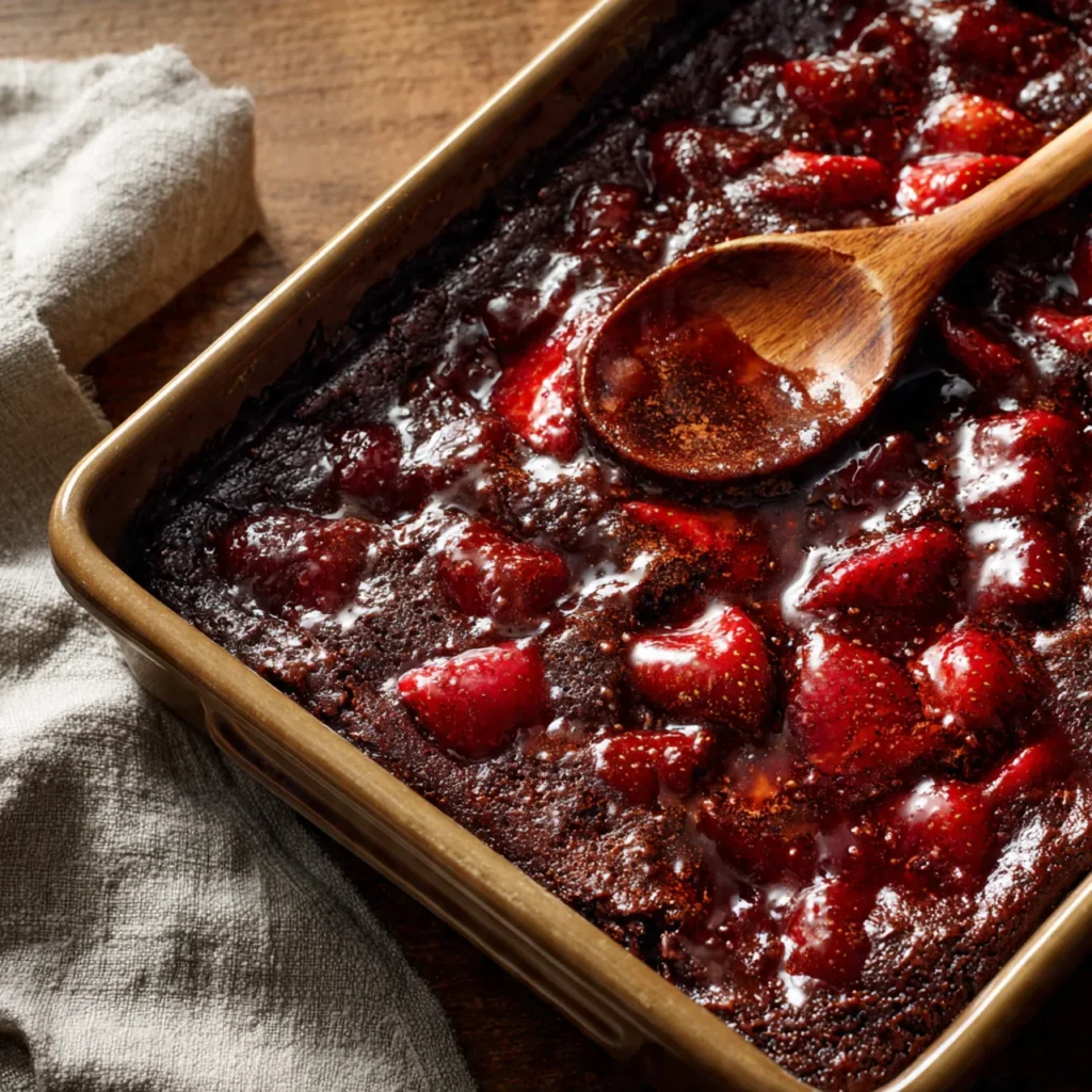 Strawberry chocolate dump cake baking in pan
