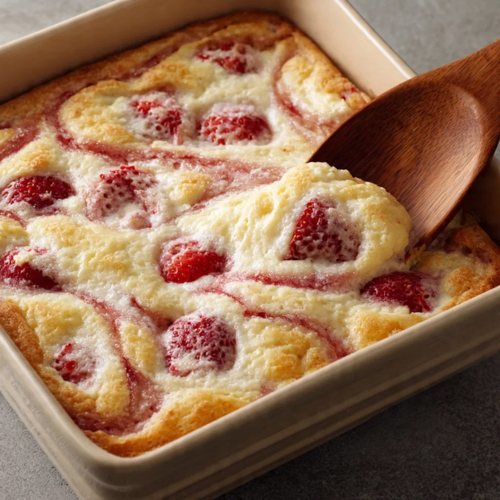 Strawberry cream cheese dump cake baking in oven