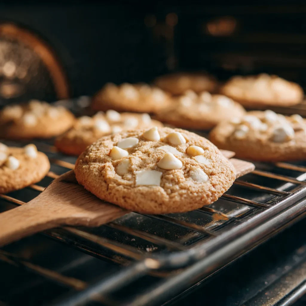Vegan white chocolate macadamia nut cookies in oven