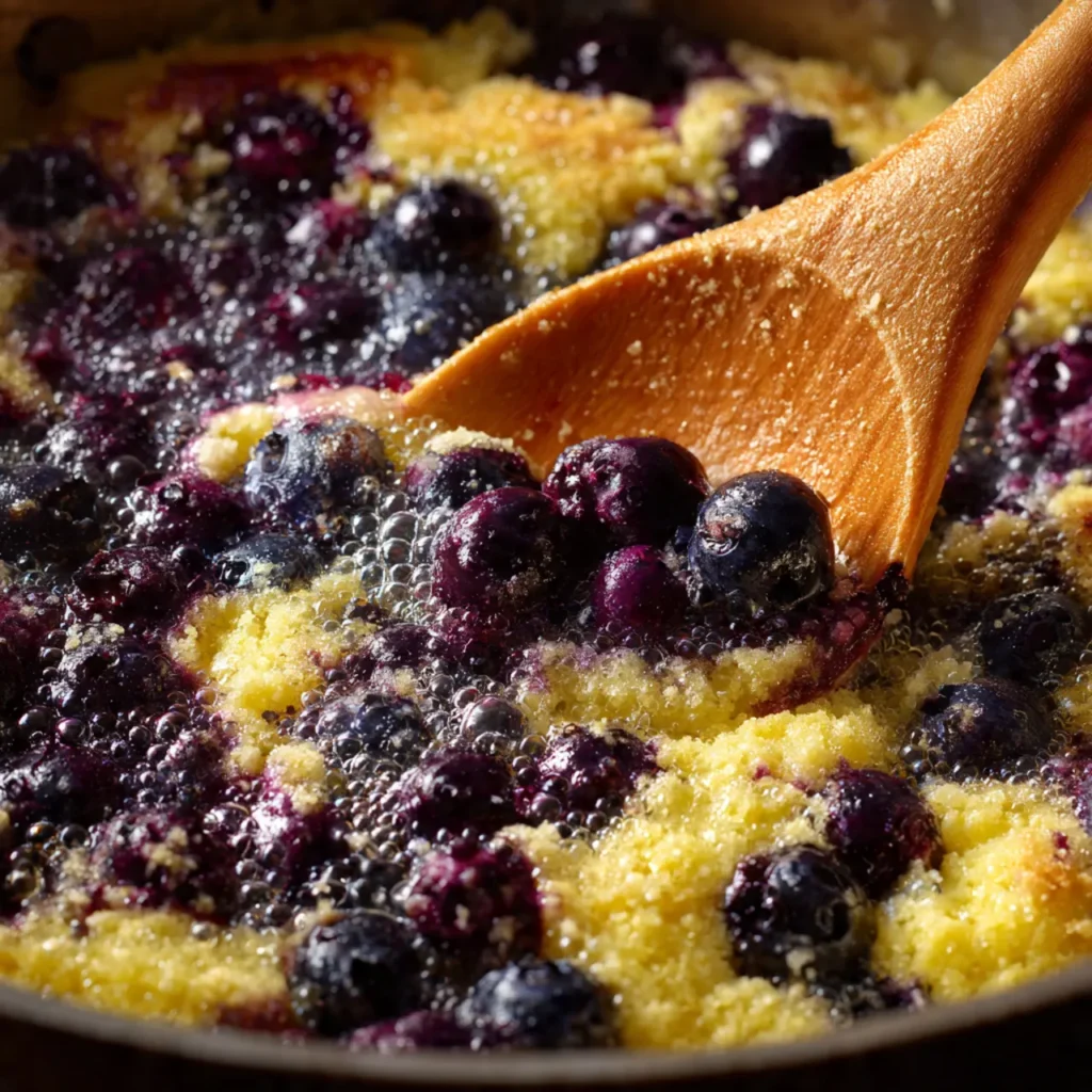 Cooking lemon blueberry dump cake in oven