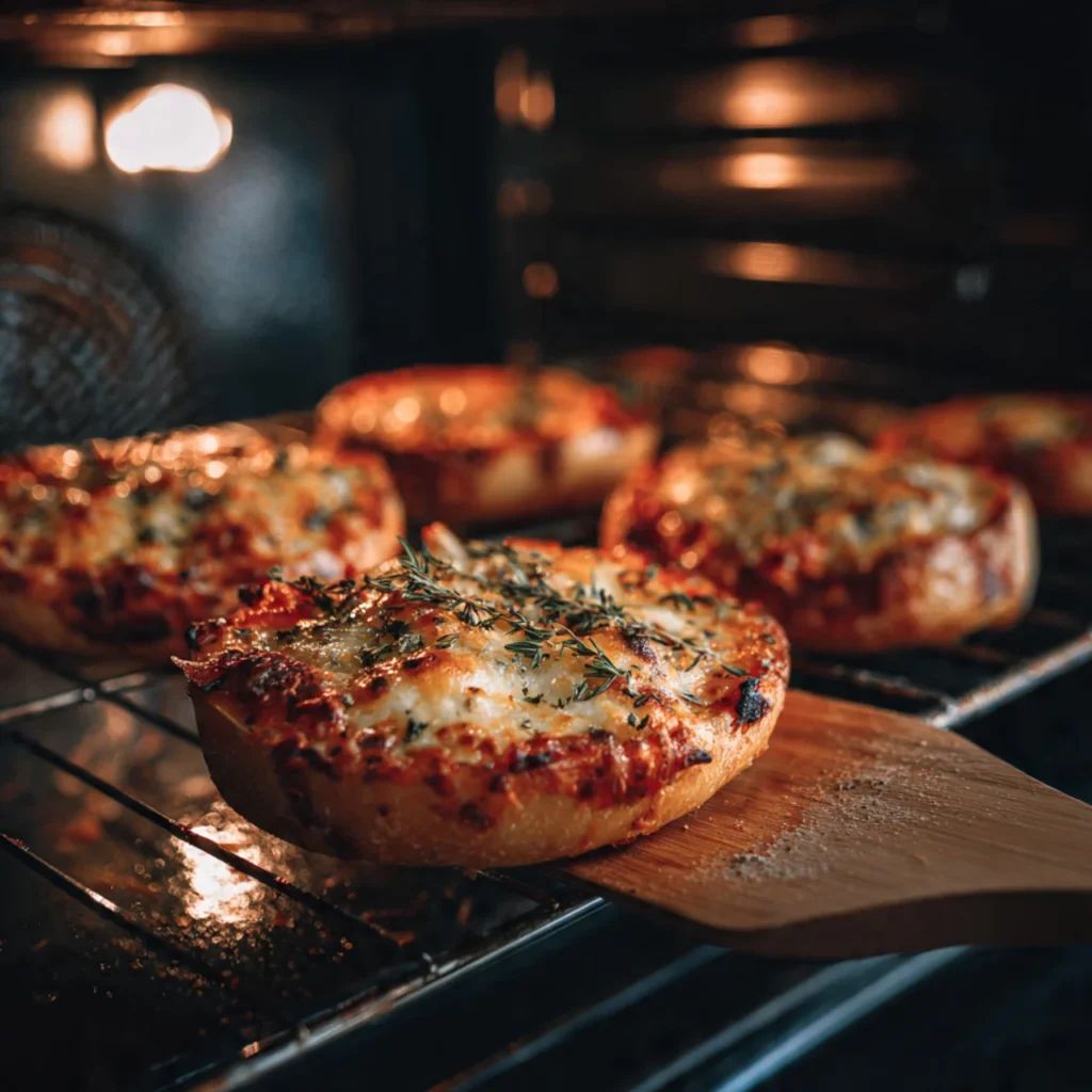 Mini pumpkin pizzas baking in the oven