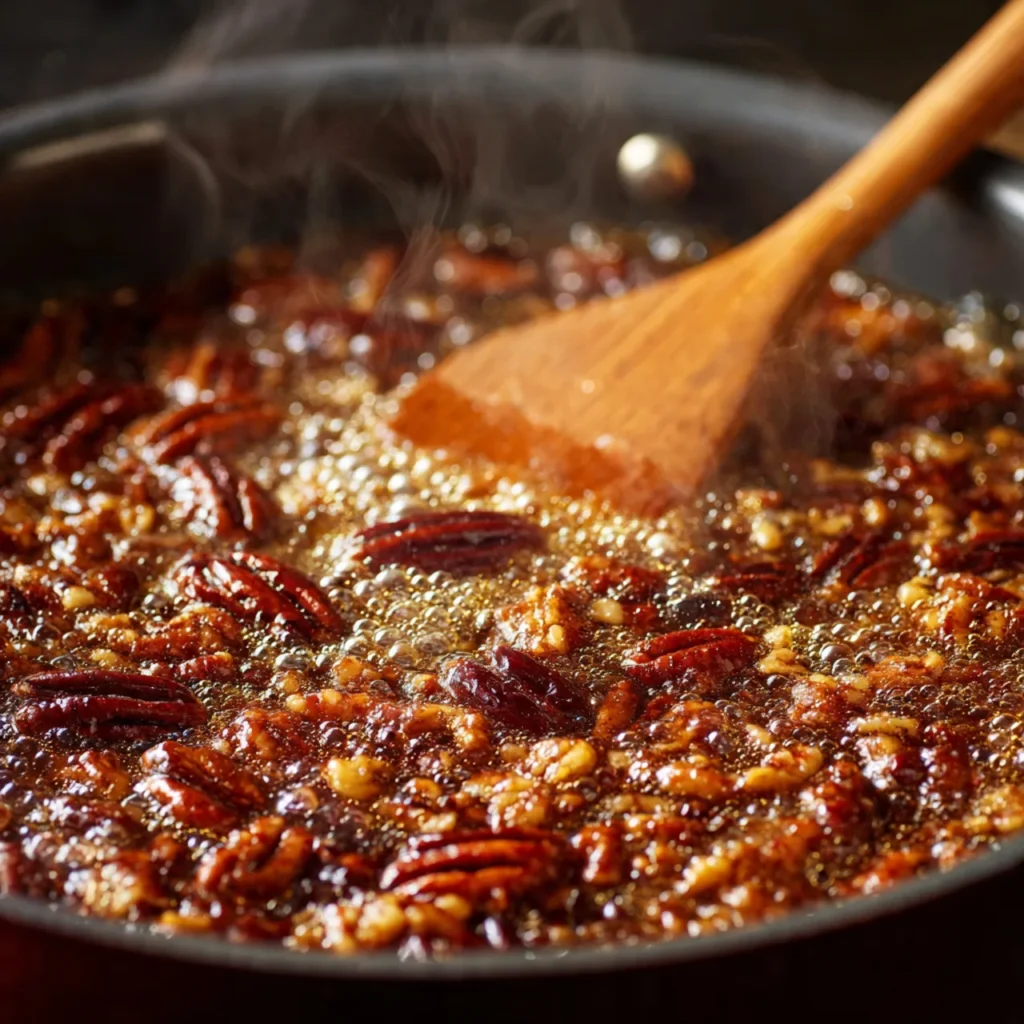 Irresistible Praline Crunch for Cakes, Ice Cream, and Desserts 10 Cooking praline crunch in saucepan