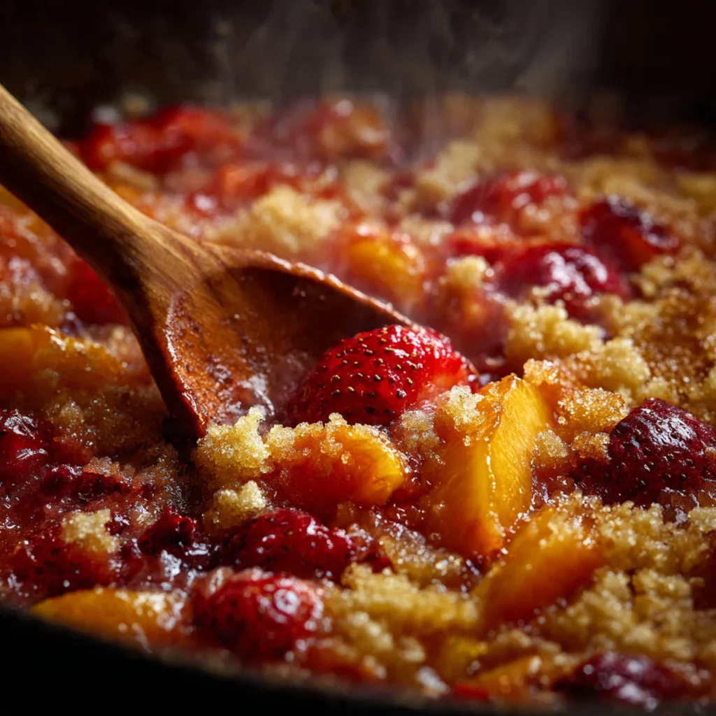 Cooking strawberry peach dump cake in oven