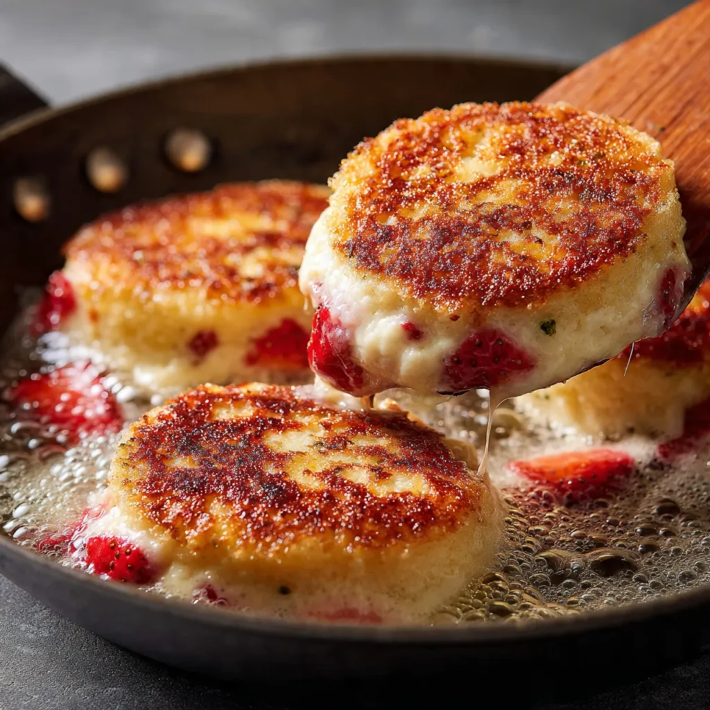 Frying fried strawberry cheesecake sandwiches in skillet