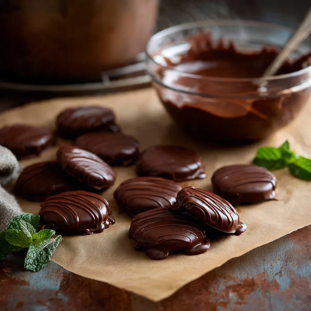 Preparing chocolate covered mint patties