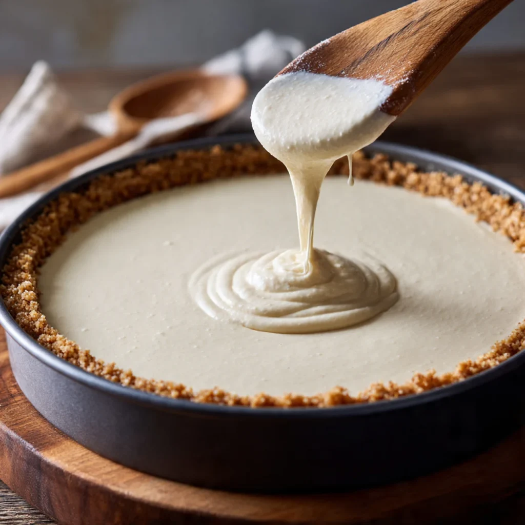 Preparing banana cream cheesecake in pan
