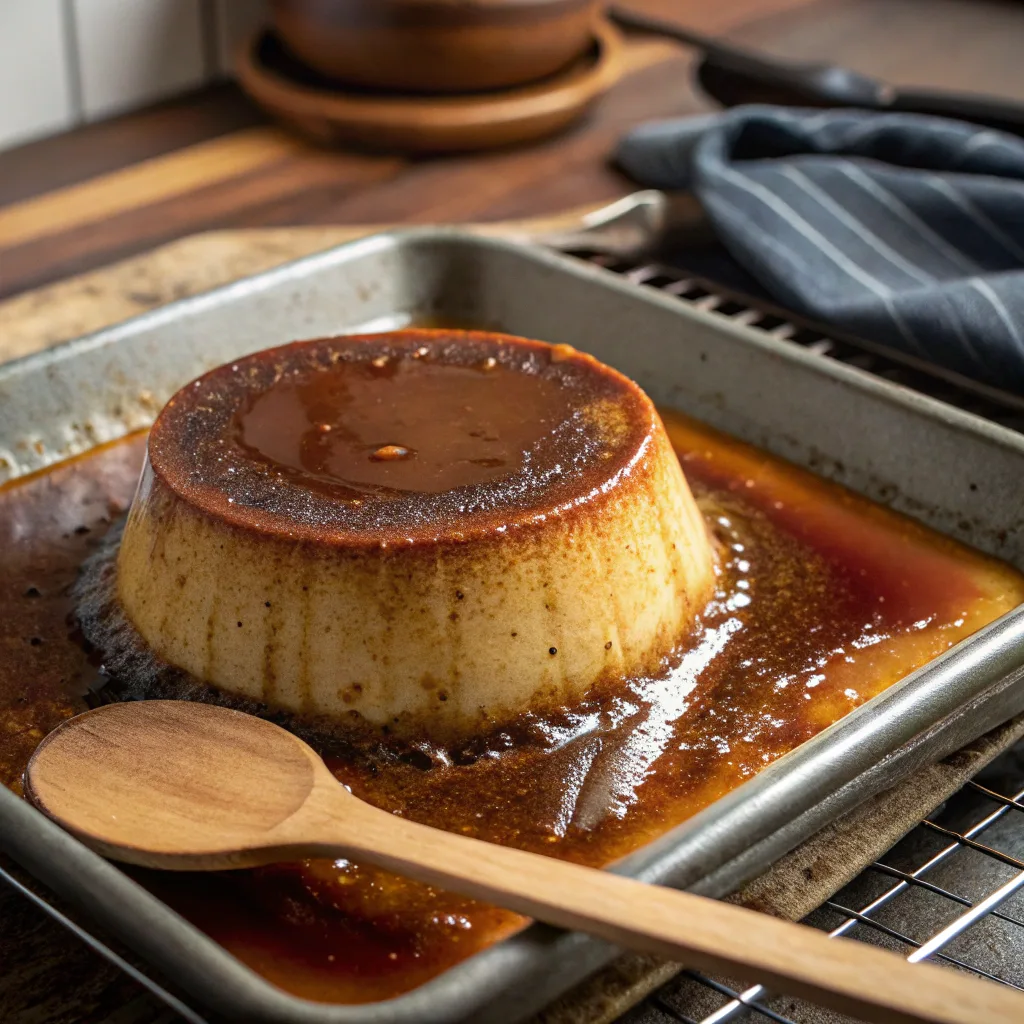 Chocolate Flan Recipe – Creamy, Silky, and Easy to Make 10 Chocolate flan baking in water bath