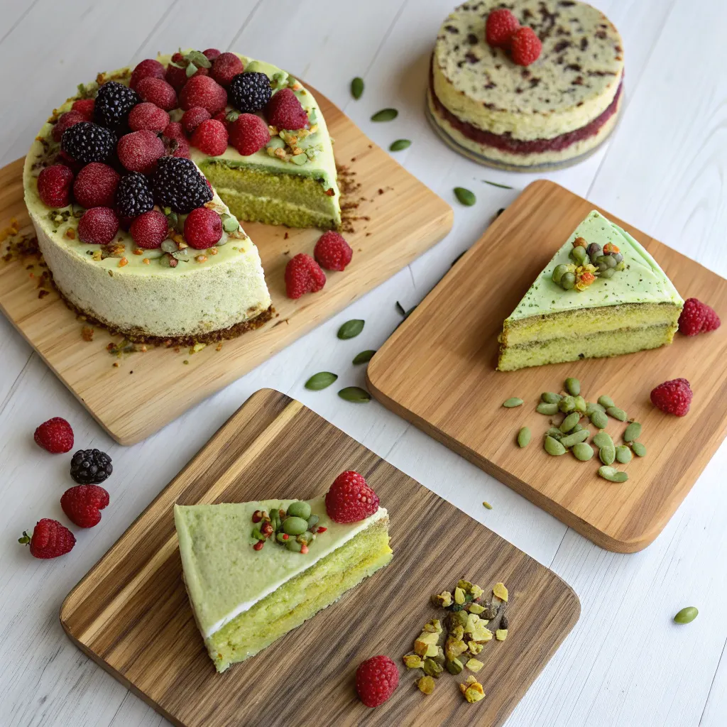 Pistachio Blackberry Cake Recipe – Moist, Easy, and Delicious 11 Pistachio cake variations flat lay