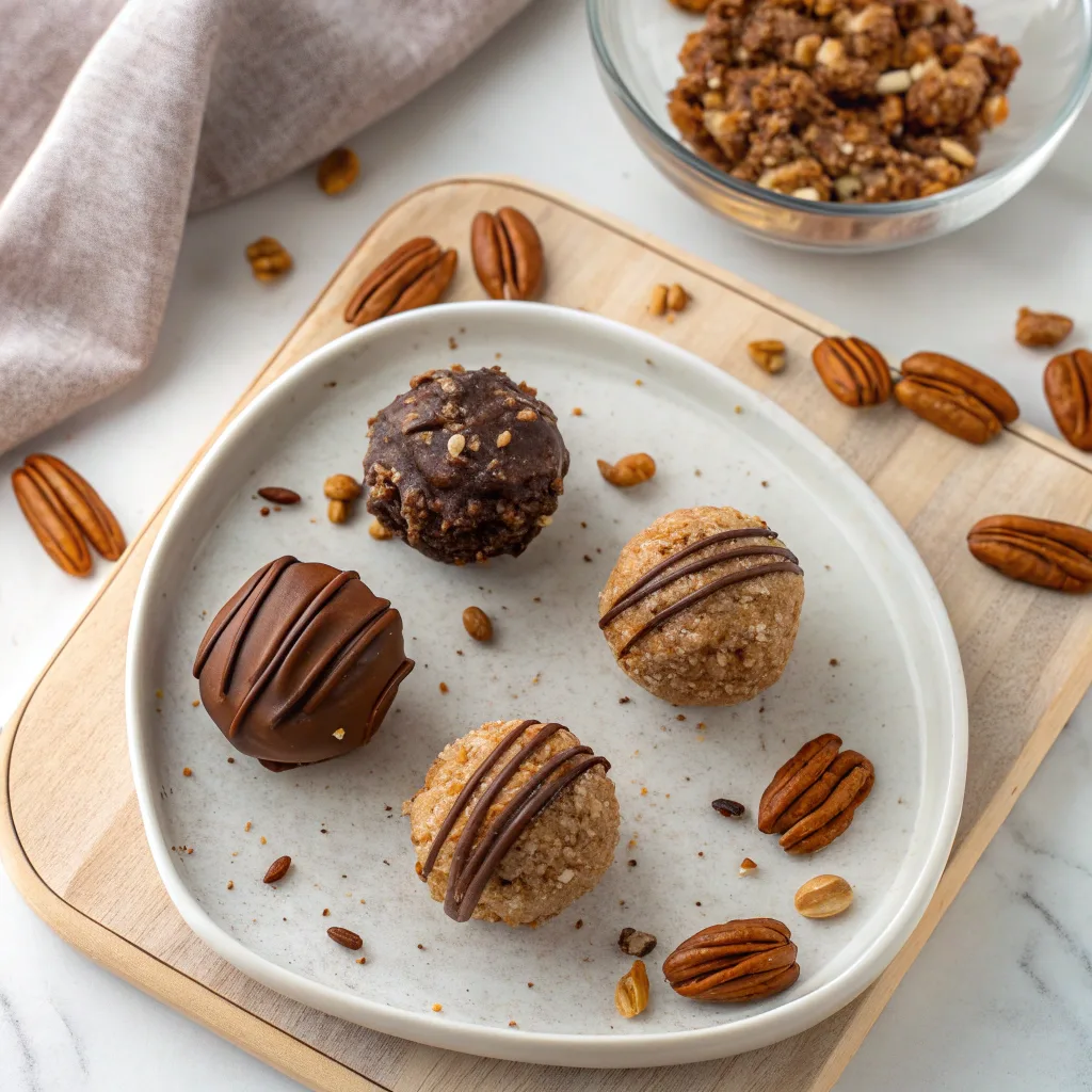Four variations of no-bake pecan pie balls