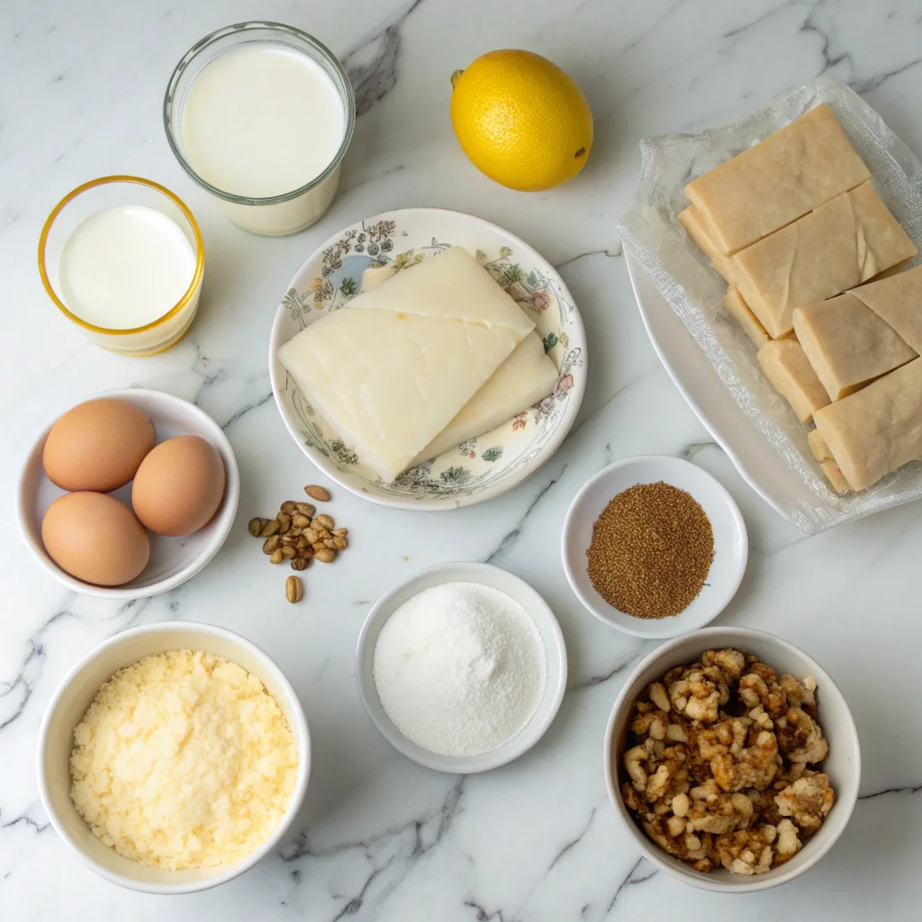 Baklava Custard Tart – Quick, Easy, and Delicious Dessert Idea 9 Ingredients for baklava custard laid out
