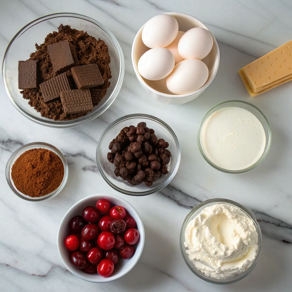 Ingredients for Black Forest Cheesecake laid out