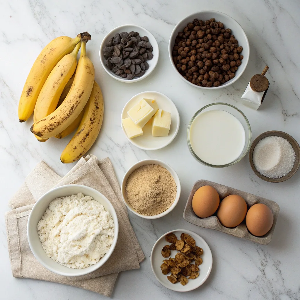 Ingredients for chocolate chip banana bread laid out