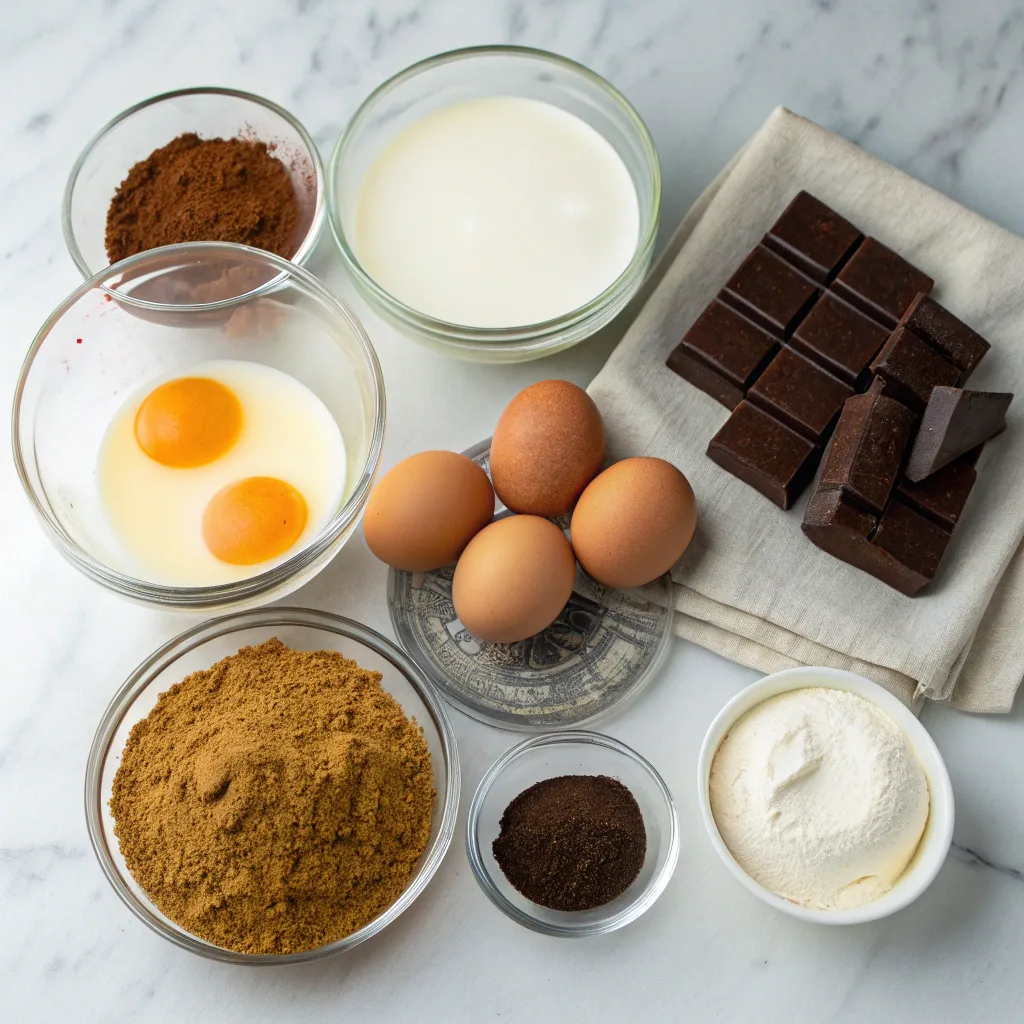 Chocolate Flan Recipe – Creamy, Silky, and Easy to Make 9 Ingredients for chocolate flan on marble counter