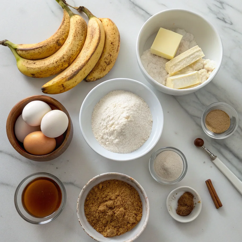 Cinnamon Crumb Banana Bread – Perfect for Any Occasion 9 Ingredients for cinnamon crumb banana bread on marble countertop