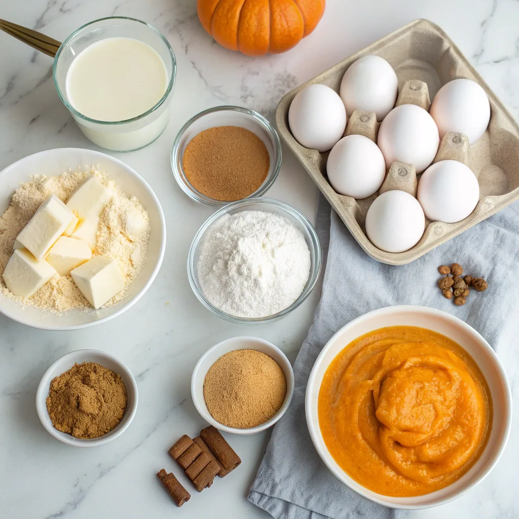 Haunted Coconut Pumpkin Chiffon Pie – Creepy and Delicious Halloween Treat 9 Ingredients for coconut pumpkin chiffon pie arranged on counter
