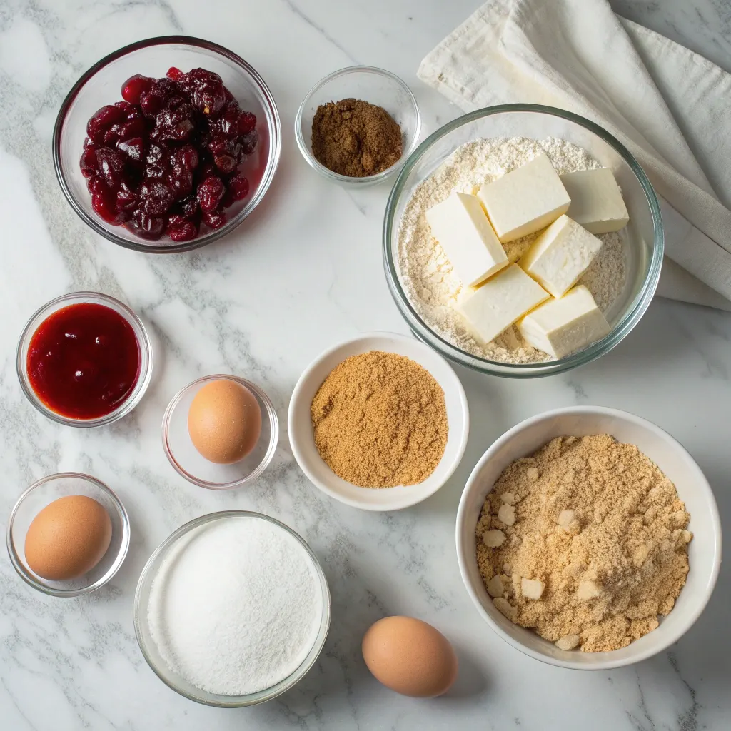 Ingredients for cranberry cream cheese crumb pie
