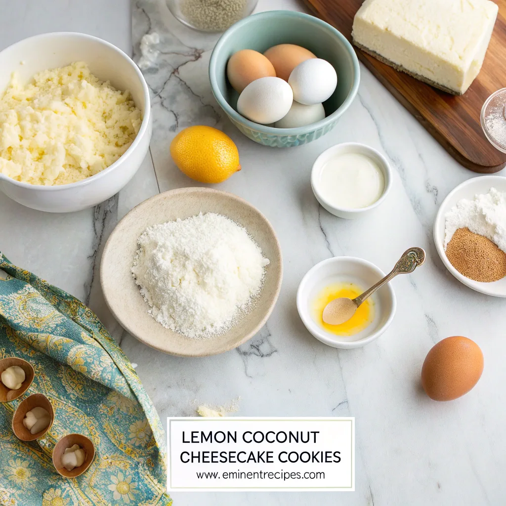 Ingredients for lemon coconut cheesecake cookies