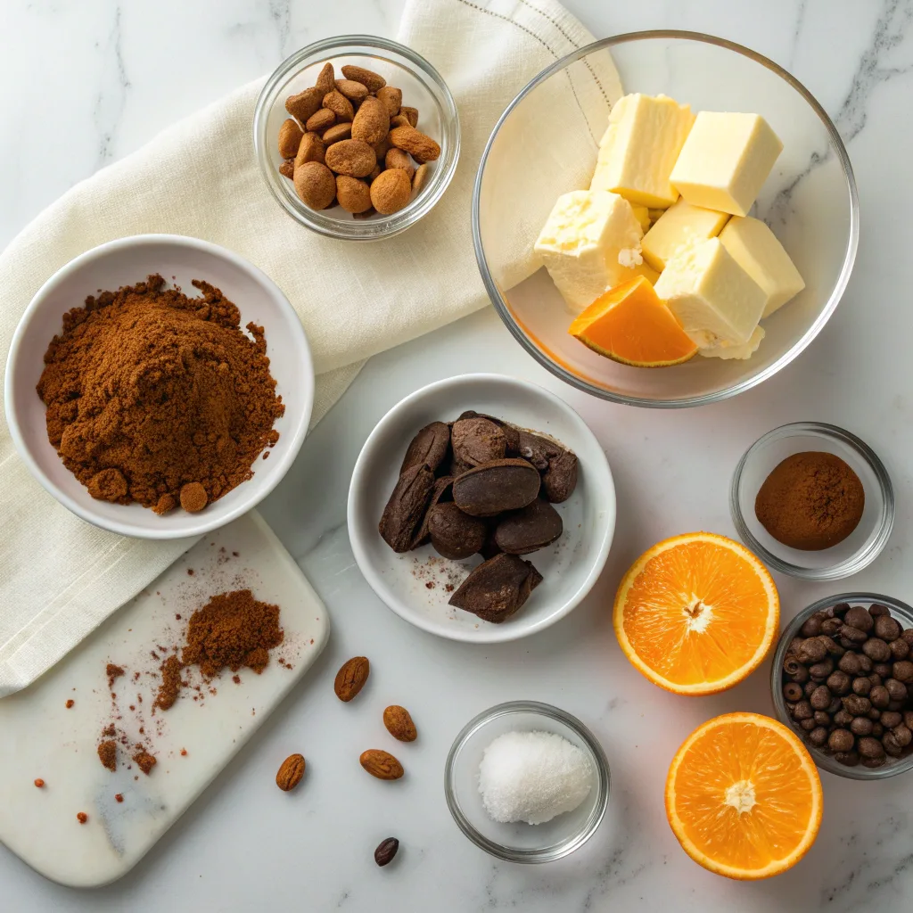 Orange Chocolate Truffles Recipe Easy – Quick & Delicious at Home 9 Ingredients for orange chocolate truffles on marble countertop