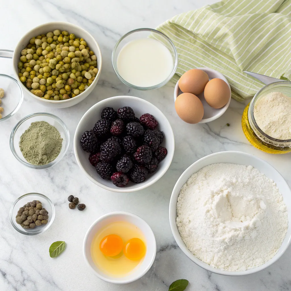 Pistachio Blackberry Cake Recipe – Moist, Easy, and Delicious 9 Ingredients for pistachio blackberry cake laid out