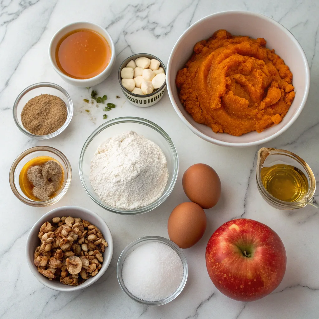Ingredients for pumpkin bread with apple cider