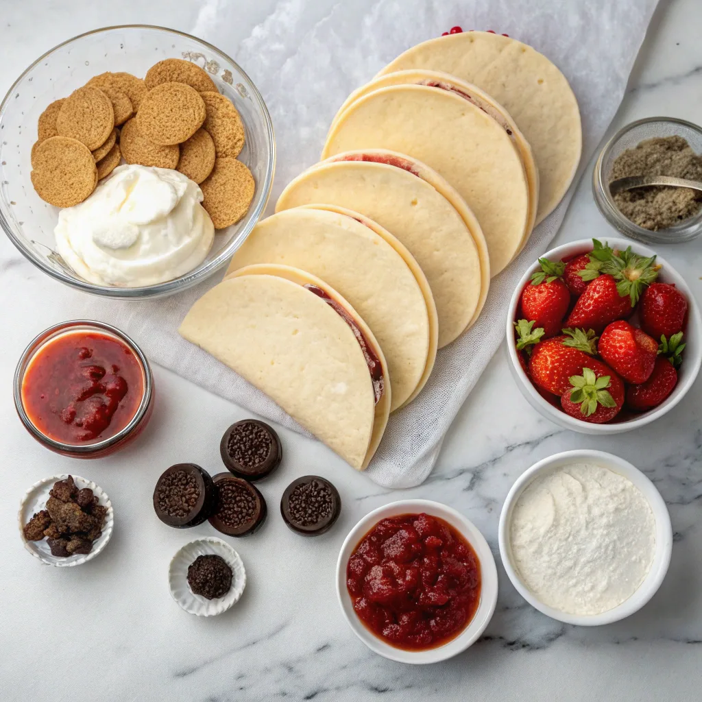 Ingredients for strawberry crunch cheesecake tacos