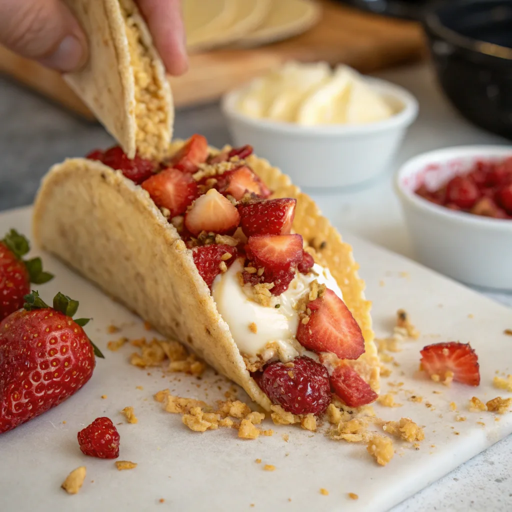 Assembling strawberry crunch cheesecake tacos