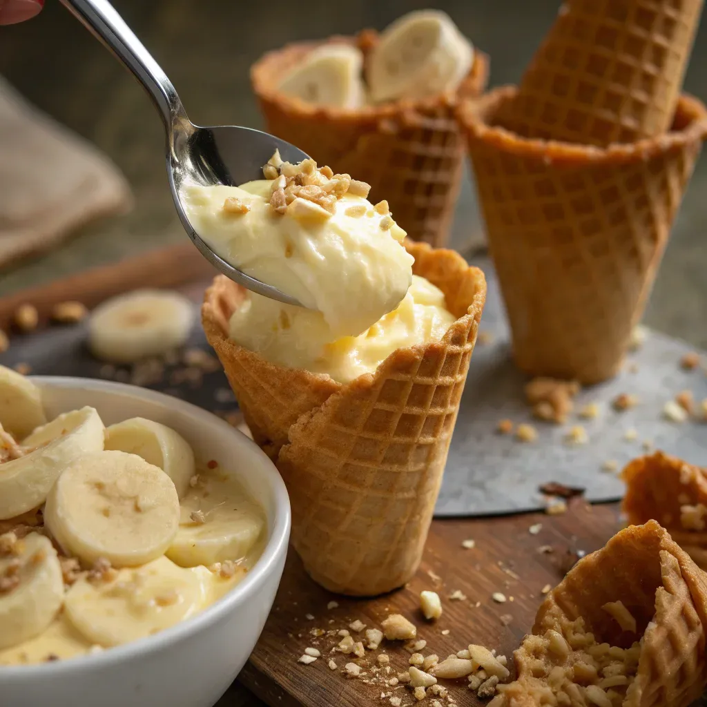 Easy Banana Pudding Cheesecake Cones No Bake in 30 Minutes 10 Assembling banana pudding cheesecake cones