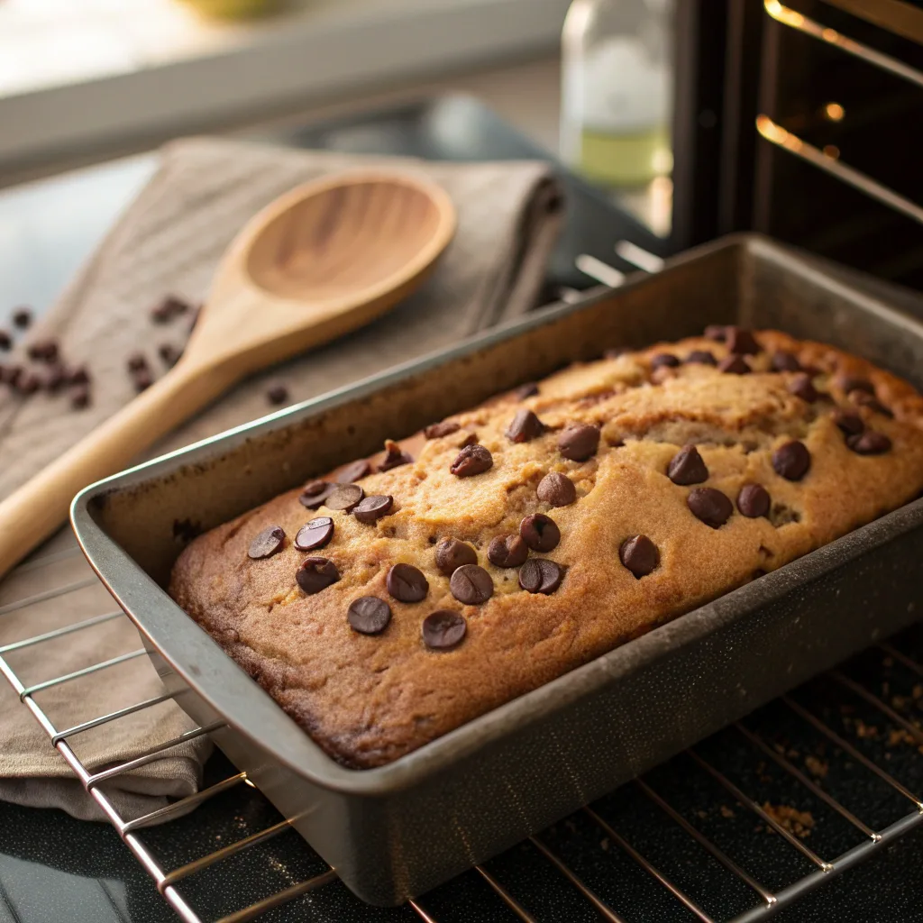 Chocolate chip banana bread baking in the oven