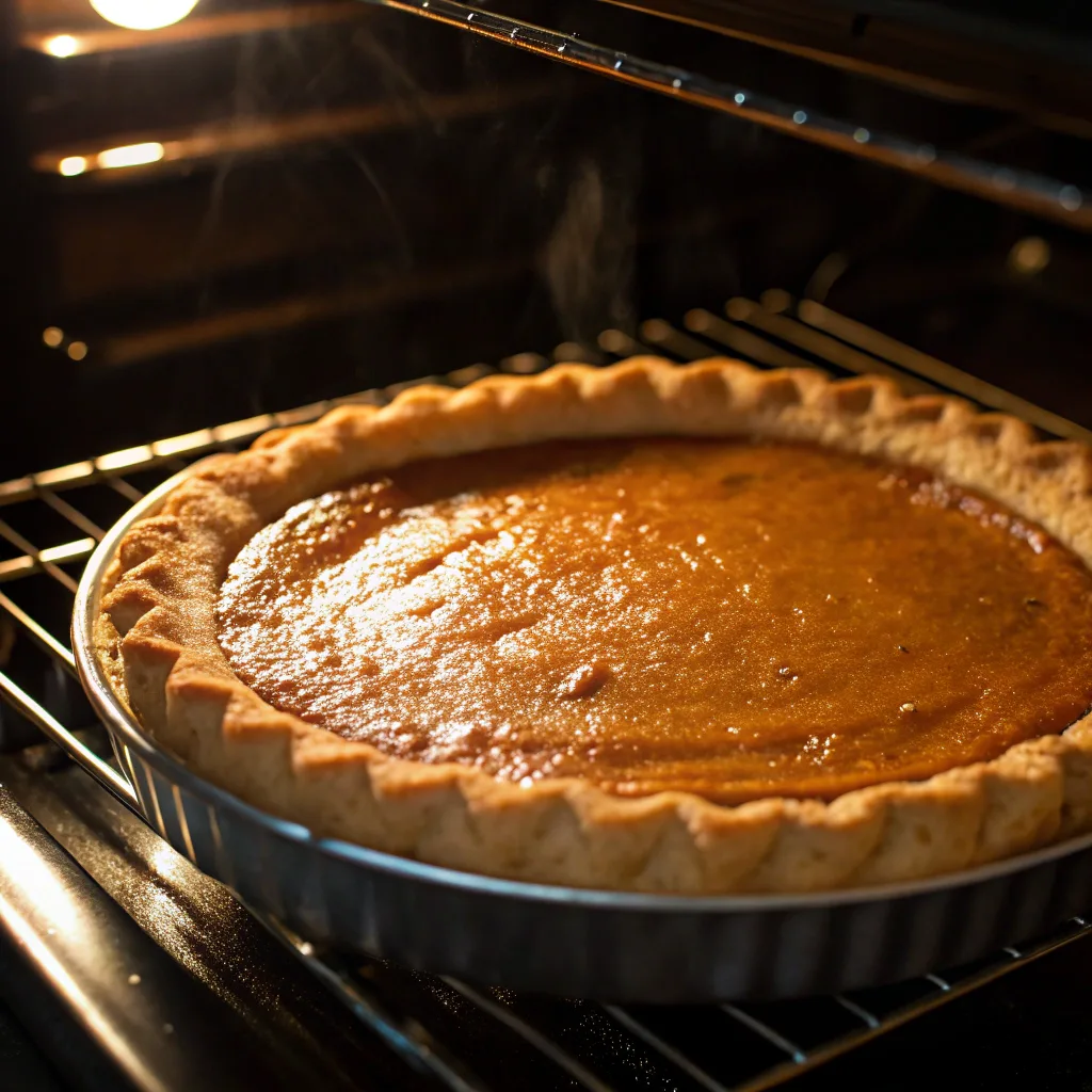 Easy Classic Pumpkin Pie Recipe with Flaky Pumpkin Pie Crust 10 Classic pumpkin pie baking in oven