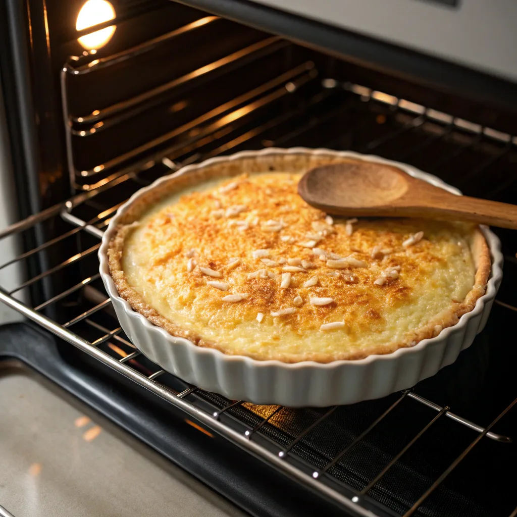 Impossible Coconut Custard Pie with Condensed Milk – Magical Layers Every Time 10 Impossible Coconut Custard Pie baking in oven