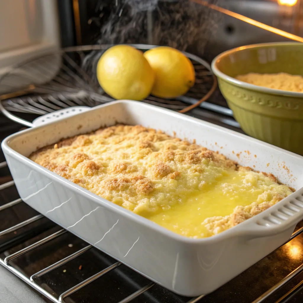 Lemon cream cheese dump cake baking in the oven