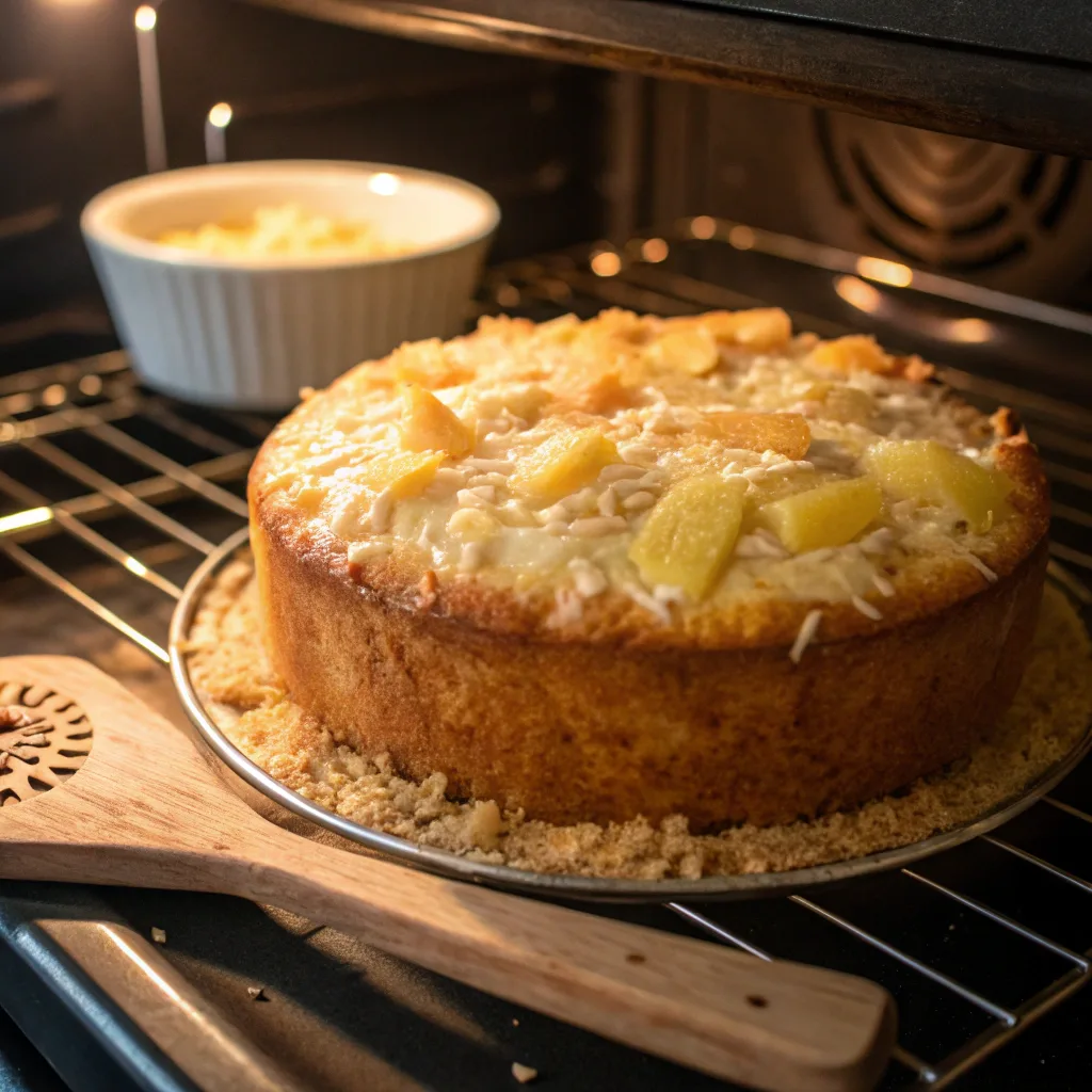 Haunted Pineapple and Coconut Dream Cake – Spooky Tropical Treat 10 Baking pineapple and coconut dream cake in oven