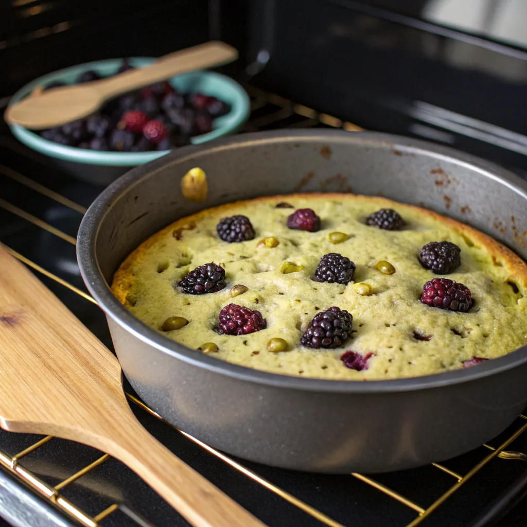 Pistachio Blackberry Cake Recipe – Moist, Easy, and Delicious 10 Baking pistachio blackberry cake in oven