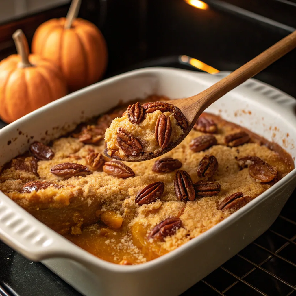 Witches’ Brew Pumpkin Pecan Cobbler – Spooky Fall Treat 10 Cooking pumpkin pecan cobbler in oven