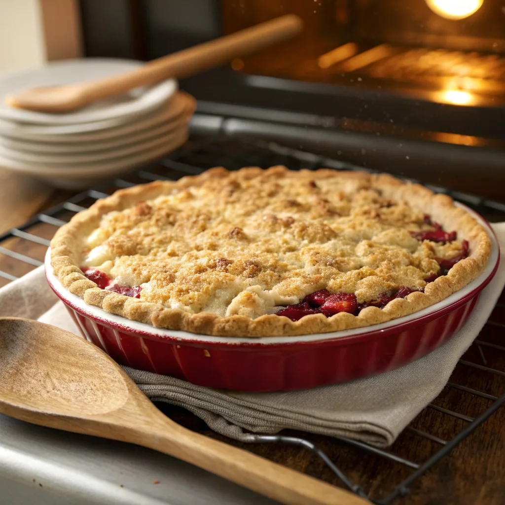 Cooking cranberry cream cheese crumb pie in oven
