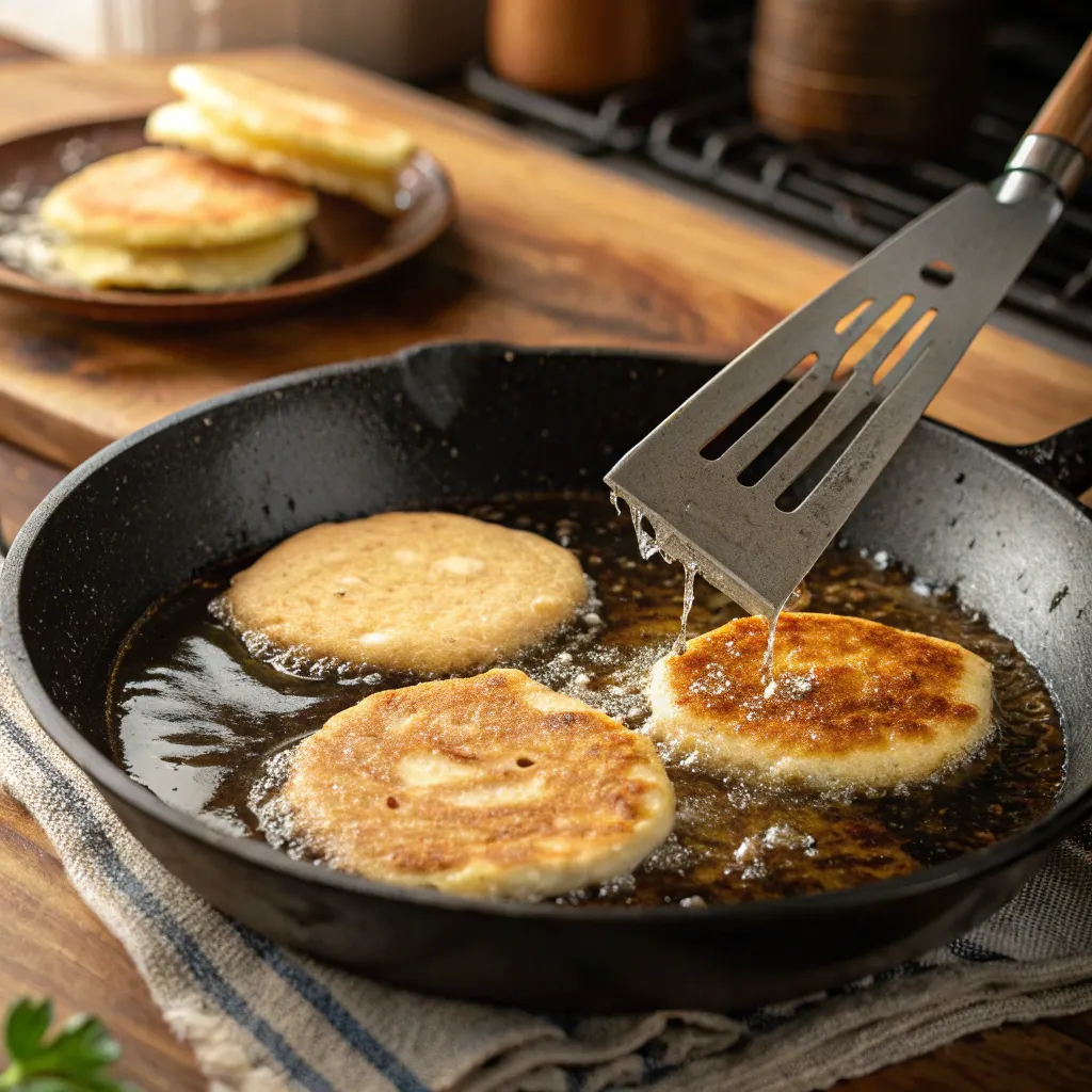 Cooking Spanish churro pancakes in skillet