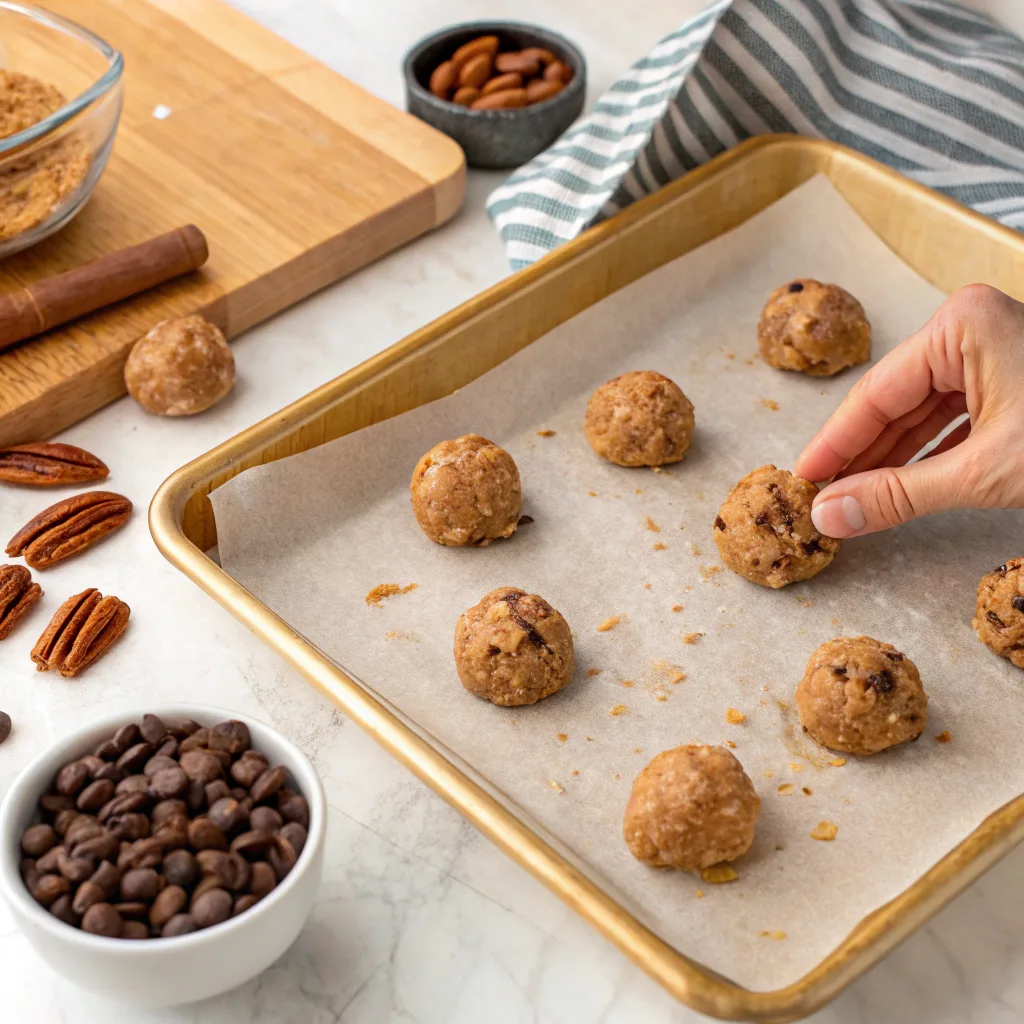 Shaping no-bake pecan pie balls on parchment