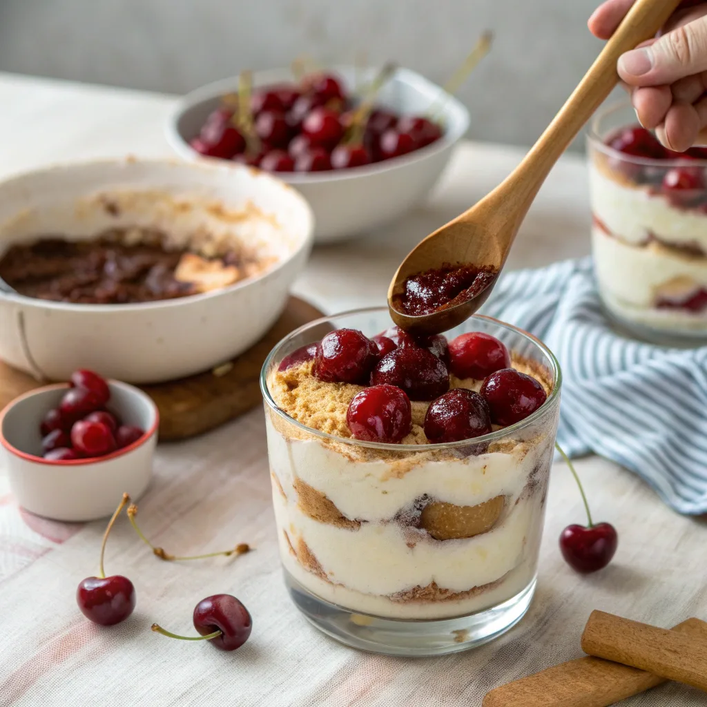 Boozy Cherry Tiramisu Recipe: Easy, Creamy, and Delicious 10 Layering cherry tiramisu in glass