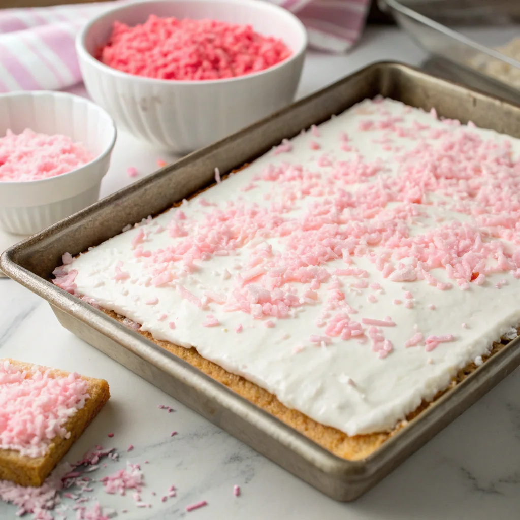Haunted Pink Coconut Snowball Cake Bars – Spooky Halloween Treats 10 Preparing pink coconut snowball cake bars