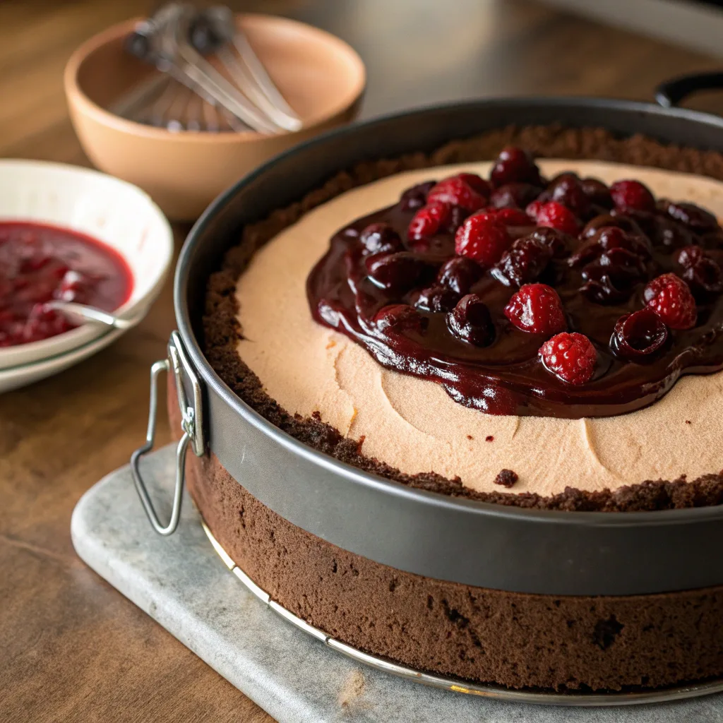 Baking Black Forest Cheesecake in springform pan