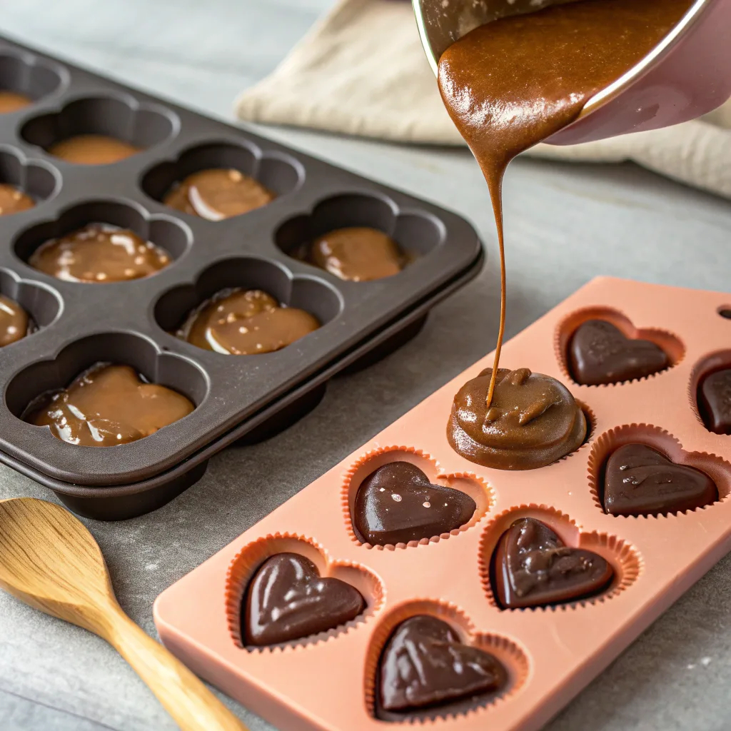 Chocolate Peanut Butter Hearts: Quick and Delicious Dessert 10 Chocolate peanut butter hearts in silicone molds