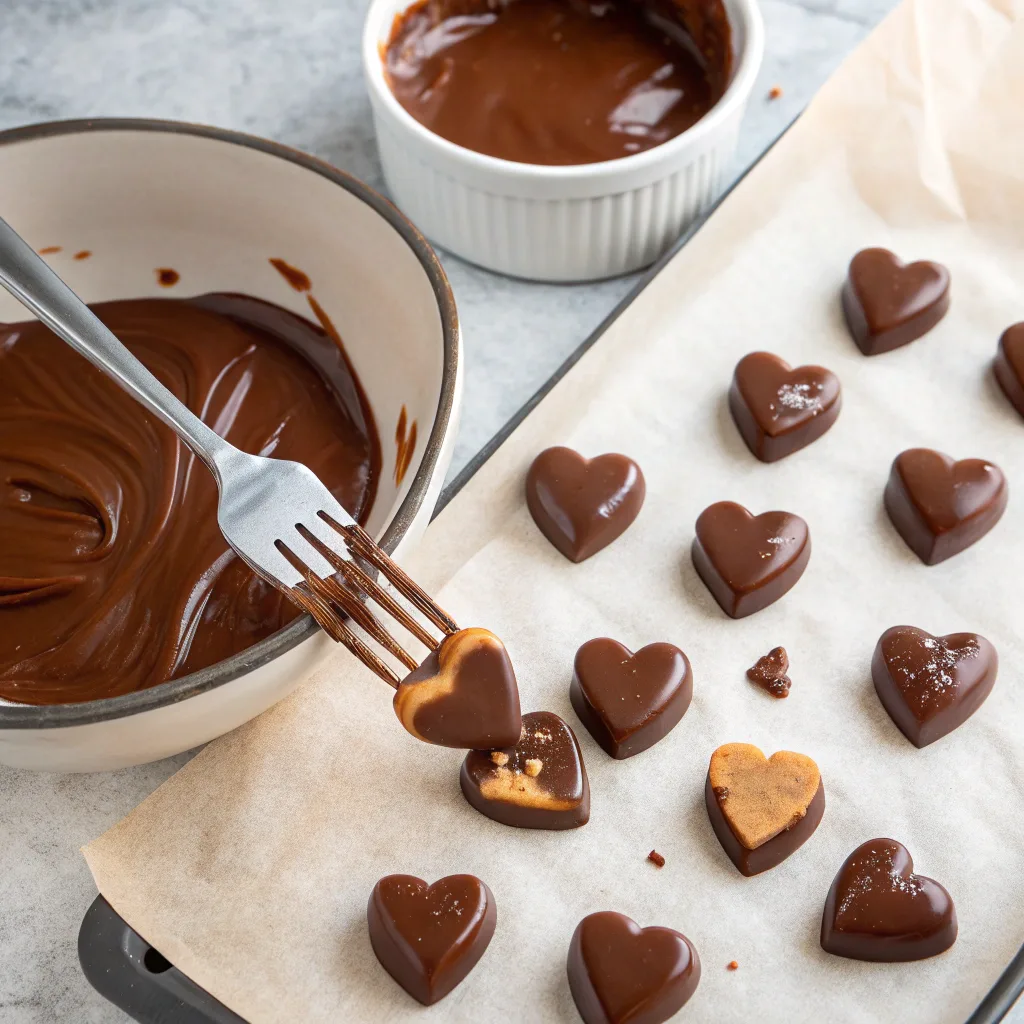 Peanut Butter Hearts Recipe – Easy Homemade Chocolate Treats 10 Assembling chocolate peanut butter hearts