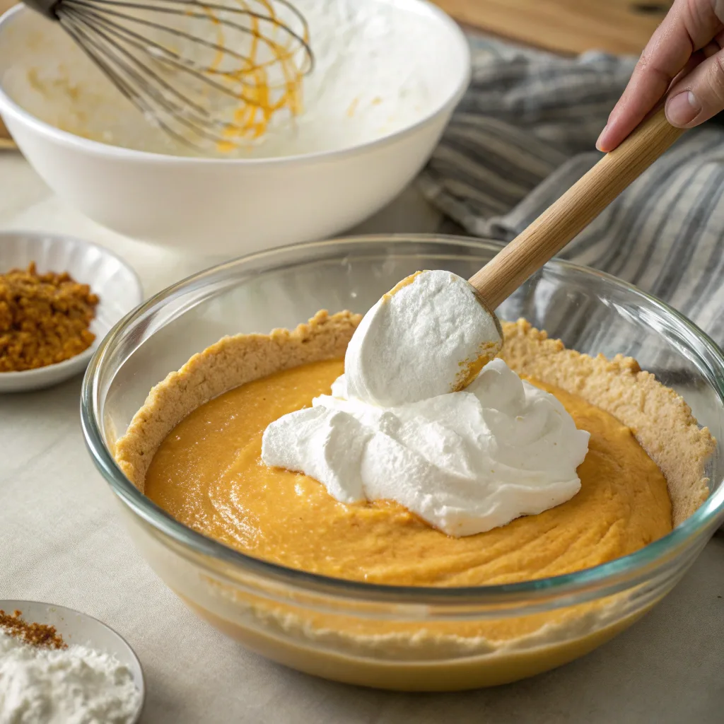 Haunted Coconut Pumpkin Chiffon Pie – Creepy and Delicious Halloween Treat 10 Folding whipped egg whites into pumpkin chiffon filling