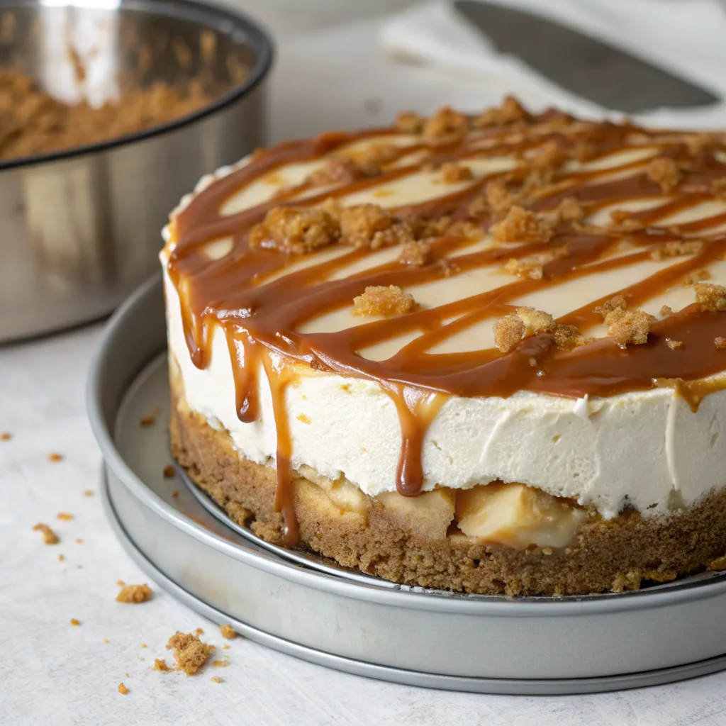 Cooking salted caramel apple pie cheesecake in pan