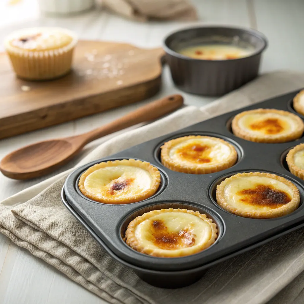 Mini crème brûlée cheesecakes baking in tin