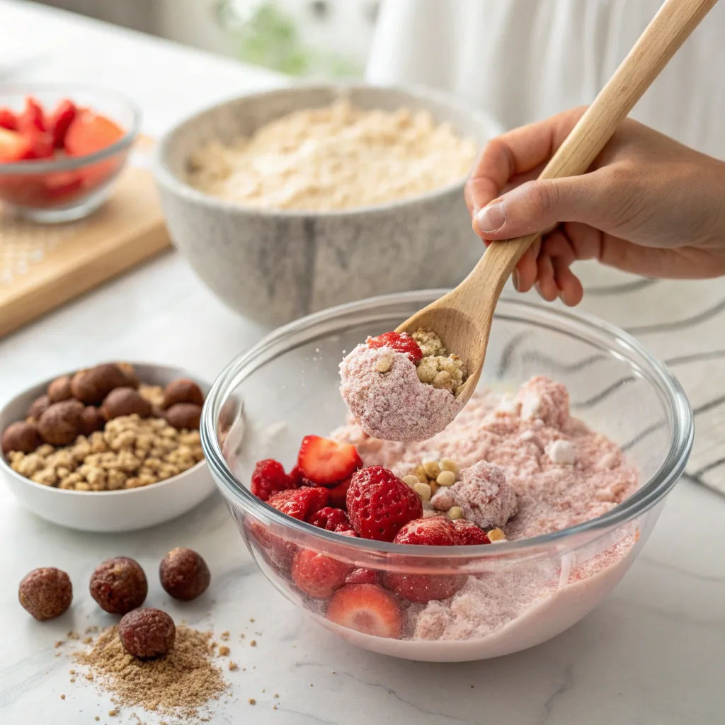How to Make Strawberry Cheesecake Protein Balls Healthy 10 Mixing strawberry protein powder with oats and cream cheese