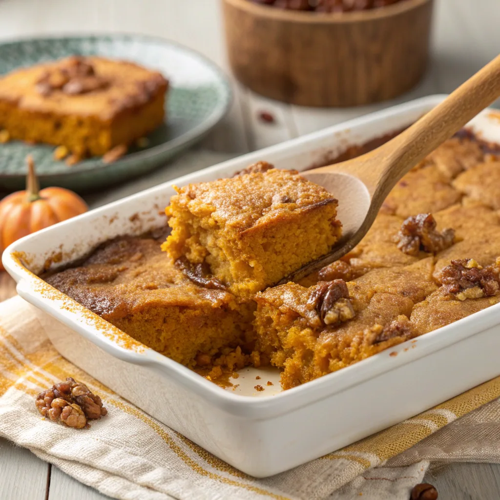 Pumpkin Dump Cake Graveyard – Scary Sweet Halloween Treat 10 Baking pumpkin dump cake in pan