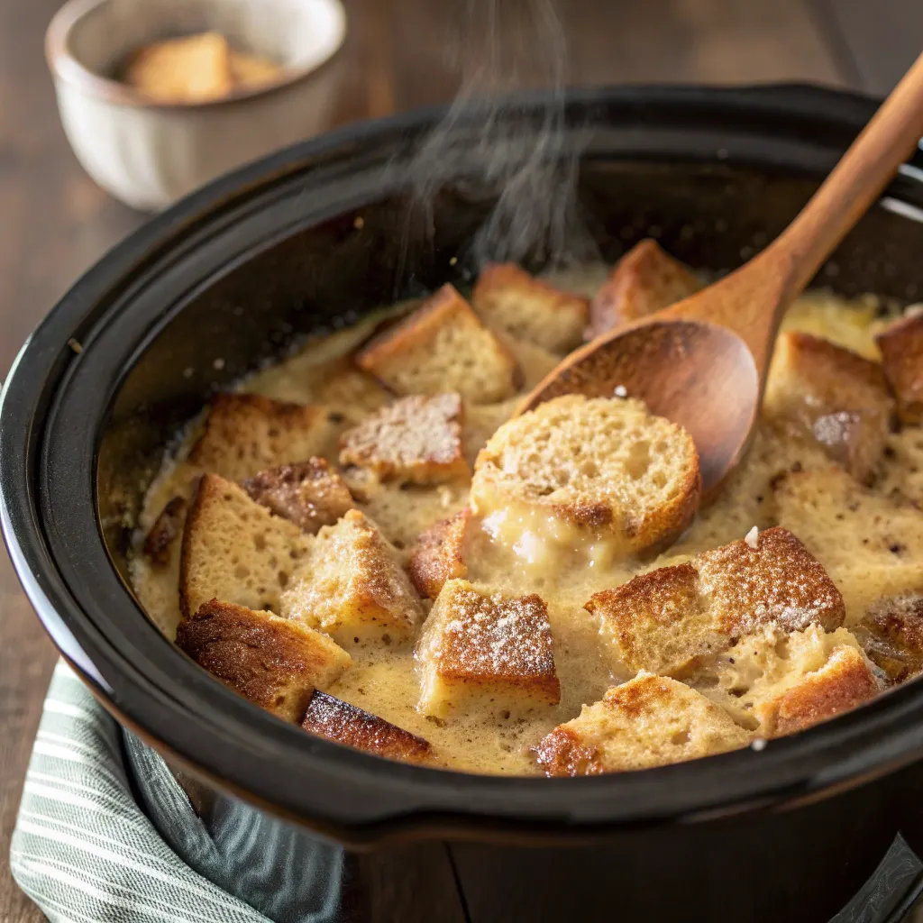 Slow Cooker French Toast Casserole – Easy, Custardy Breakfast Recipe 10 Slow cooker French toast casserole cooking in crockpot