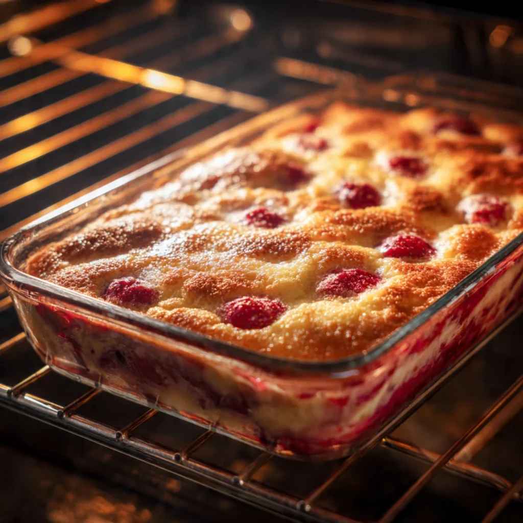 Baking strawberry cheesecake dump cake in oven